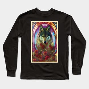 Pretty Art Deco style Roses and Wolf Long Sleeve T-Shirt